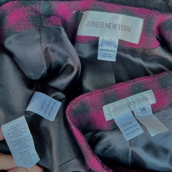 Vintage Jones New York Velvet Trim Plaid Lined Wool Skirt Suit Size 14 - Picture 13 of 13